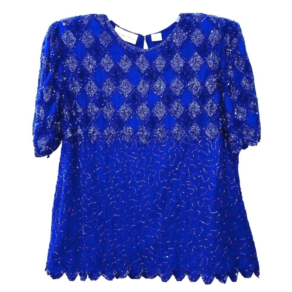Vintage Laurence Kazar Beaded Sequin Women's Evening Blue Scalloped Top